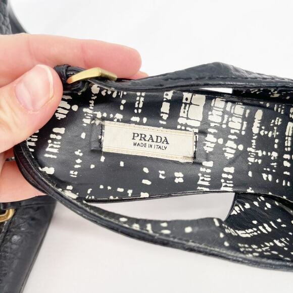 Retro Prada Black Pebbled Leather Fringe Detail Square Toe Slingback Heel IT 37 - Picture 9 of 12